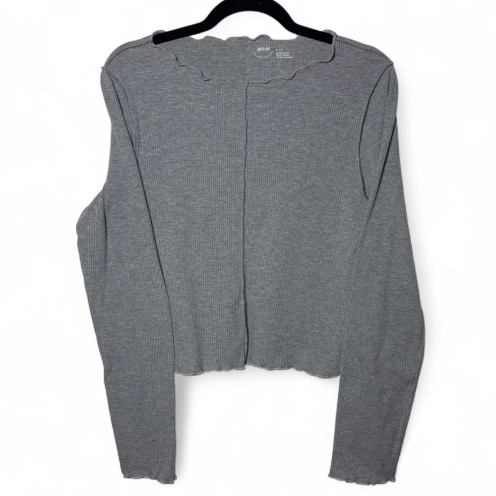 Aerie Grey Ribbed Long Sleeve Top XL Scallop Hem Casual Stretch Tee